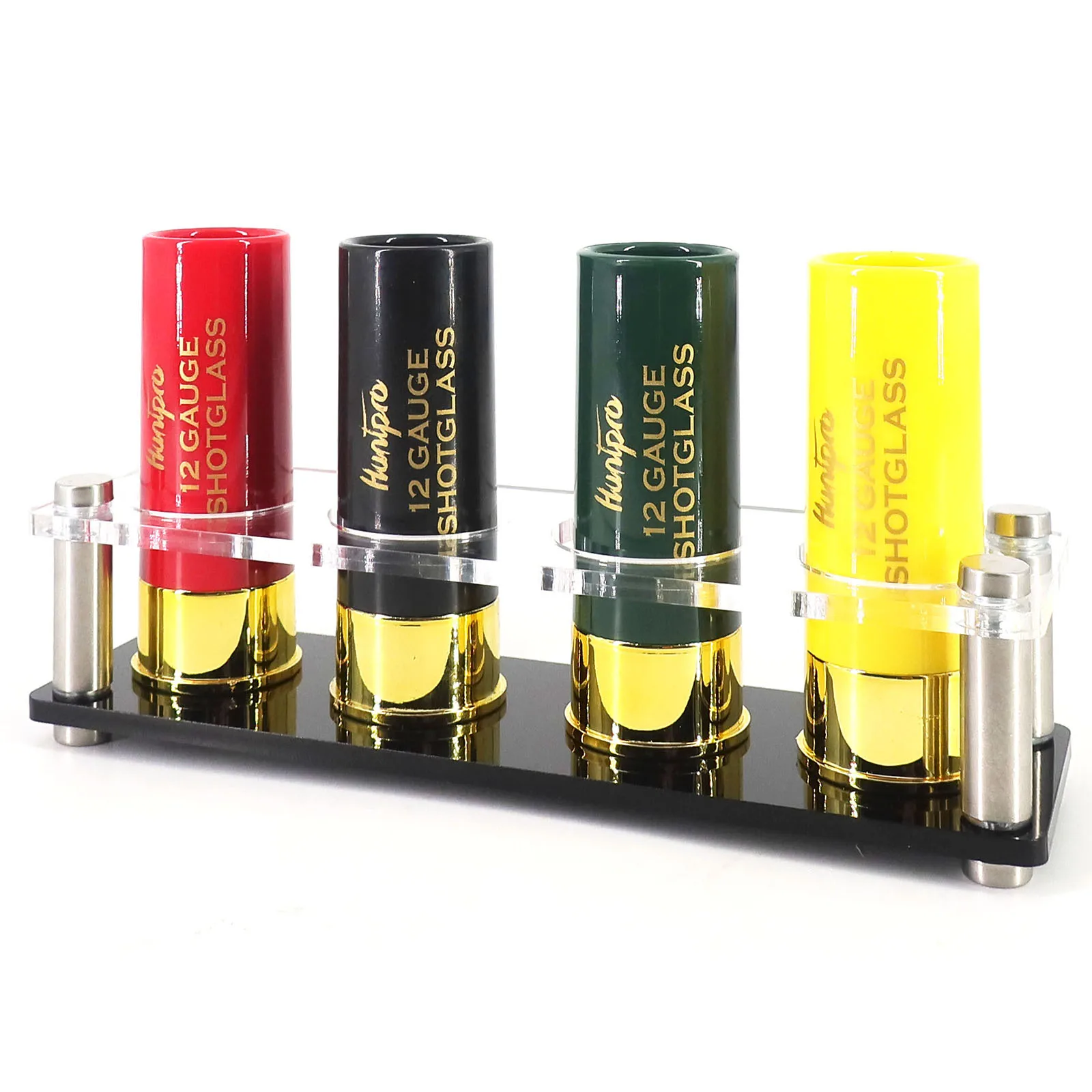 Hot Sell 12 Gauge Shotgun Shell Shot Glasses Set of 4 with with Acrylic Cup Holder Service Tray Rifle Outdoor Gift for Shooter