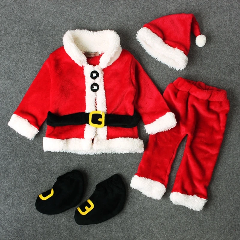 1Set Baby Christmas Santa Costumes Set Fleece Winter Newborn Clothing Set Tops Pants Hat Shoes for 0-24M Boys Girls Xmas Clothes