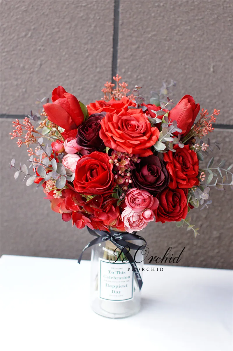 PEORCHID-Bouquet de Patients Rouges, Fleurs Artificielles pour Mariage, Accessoires Vintage, Nouvelle Collection 2021