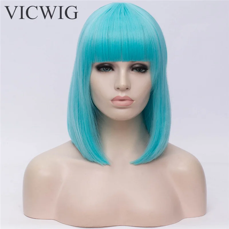 VICWIG Synthetic 14 inch Black Straight Short Bob Wigs With Bangs Blue Golden Red Green White Purple Brown Cosplay Wig Female