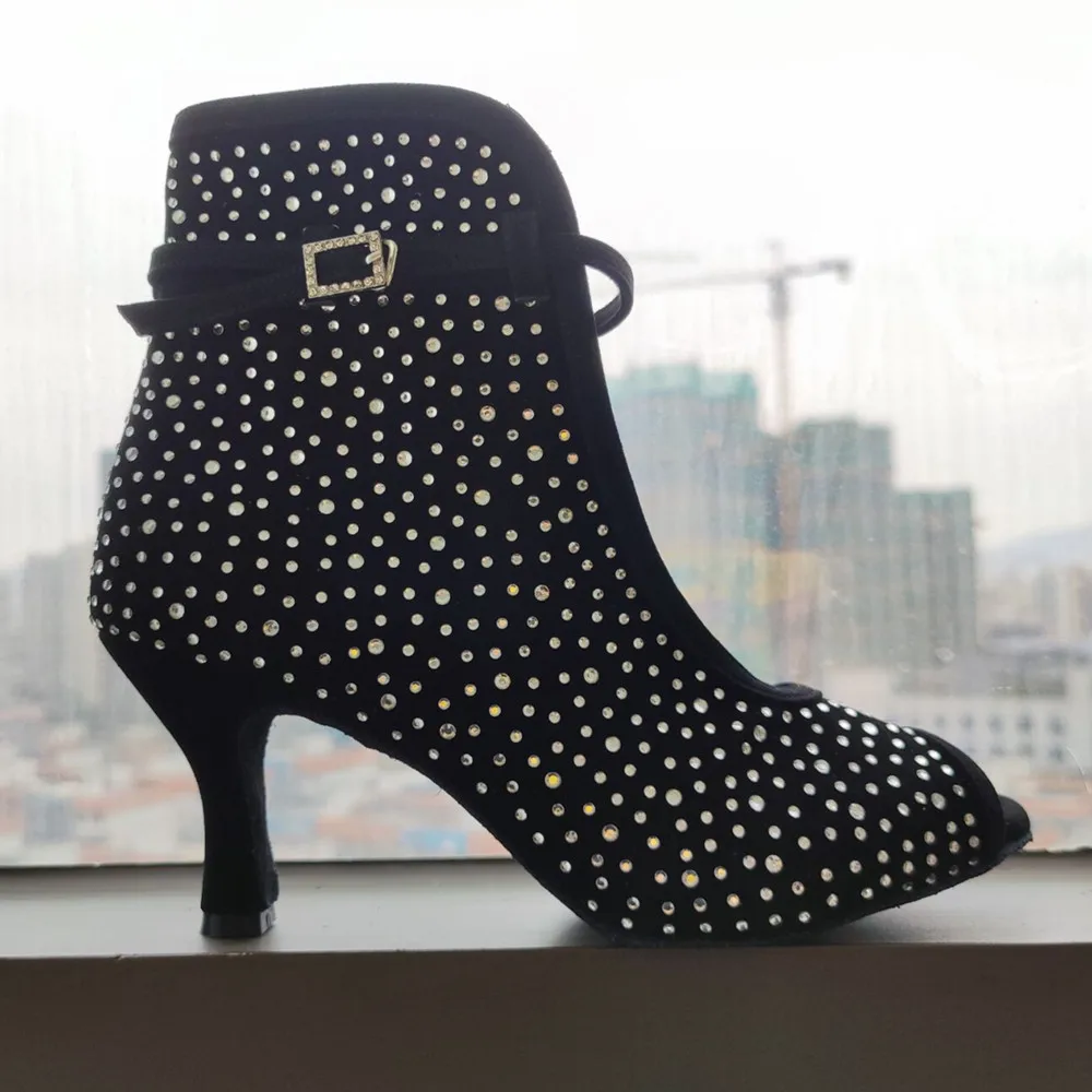 Customsize Practice Women Dance Boots Black Suede Rhinestone Latin Salsa Ballroom Latin Dance Shoes Boots 8.5cm Heel Height