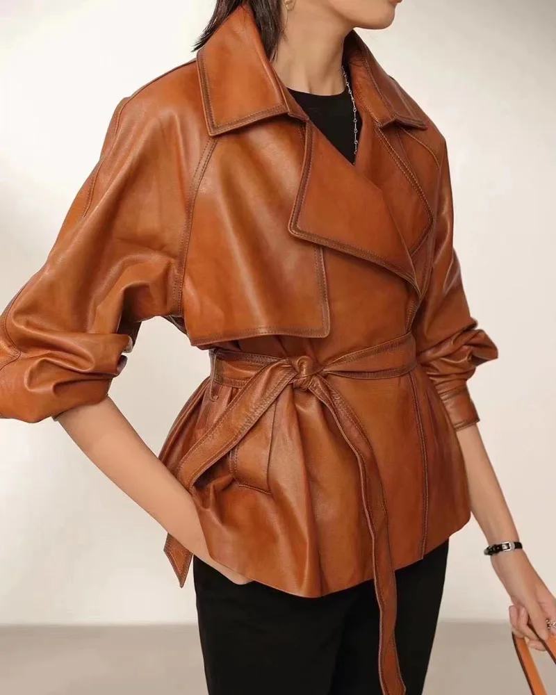 Genuine Leather Jacket Women Coat Spring 2024 New Arrival Real Sheepskin Brown Color Collect Waist Style Turn-Down Collar