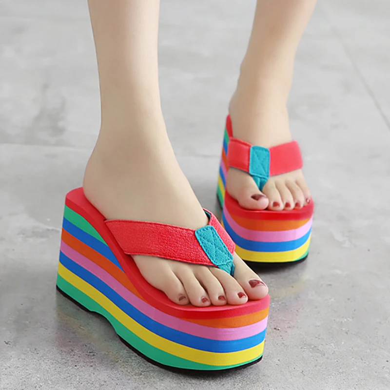 ผู้หญิง Flip Flops รองเท้าชายหาดรองเท้าแตะสูง10ซม.ส้นสูงสบายๆ Peep Toe Platform รองเท้าแตะสายรุ้งผู้หญิงฤดูร้อนรองเท้าแตะ