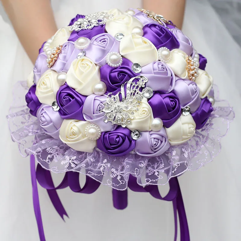 Silk Beaded Crystal Purple Bridal Bouquets Diamond Holding Artificial Rose Flowers Stitch Purple Wedding Bouquet Custom W280