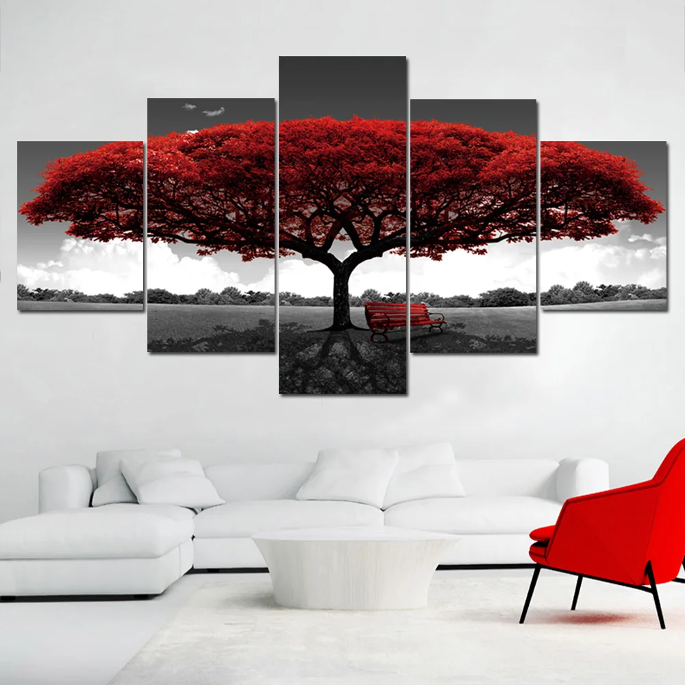 

Modern Home Decor Red Romantic Tree Landscape Posters And Prints 5 Panels Wall Art Canvas Painting Wall Pictures For Living Room