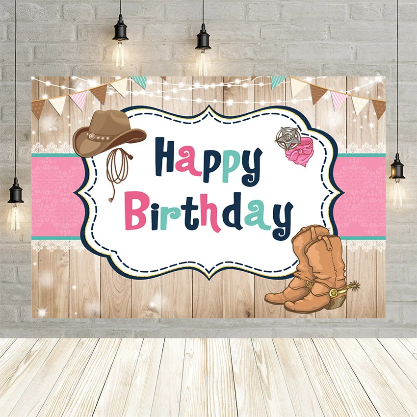 

Avezano Happy Birthday Photography Background Western Cowboy Wood Board Hat Boy Party Banner Backdrop Photo Studio Photozone