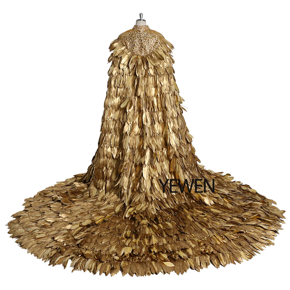 High Quality Dramatic Gold Feather Wedding Cape Floor Length Wedding Gown Jacket for Photo Shoot Pregnancy Shooting Dress YEWEN