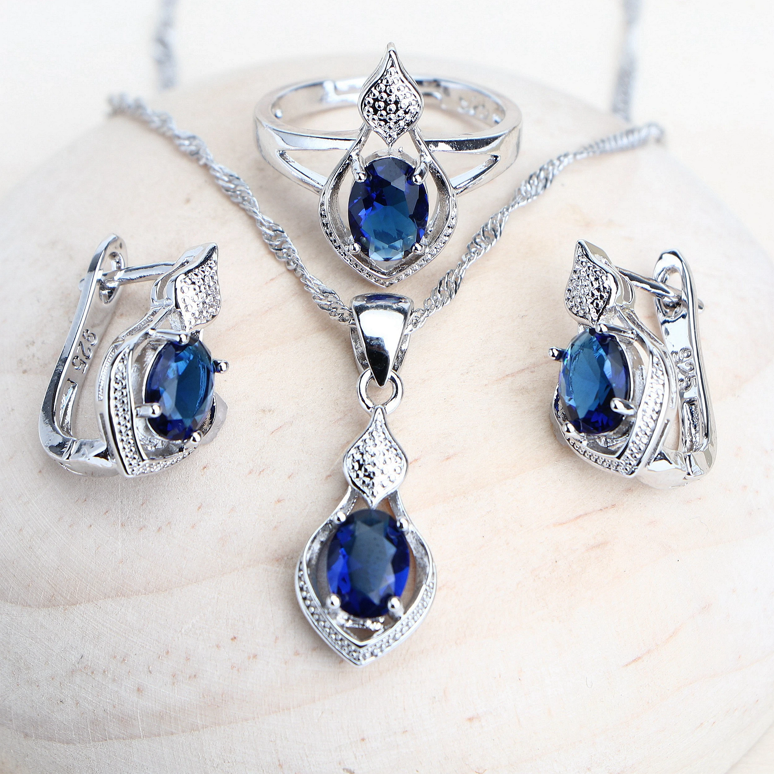 Women Silver 925 Bridal Jewelry Sets Blue Cubic Zirconia Costume Jewellery Wedding Earrings Rings Bracelets Pendant Necklace