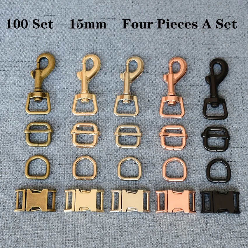 

100 Sets 15mm Metal D Ring+Snap Hook+Adjustable+Release Buckle DIY Dog Collar and Leash Accessories 4JT15mm7826