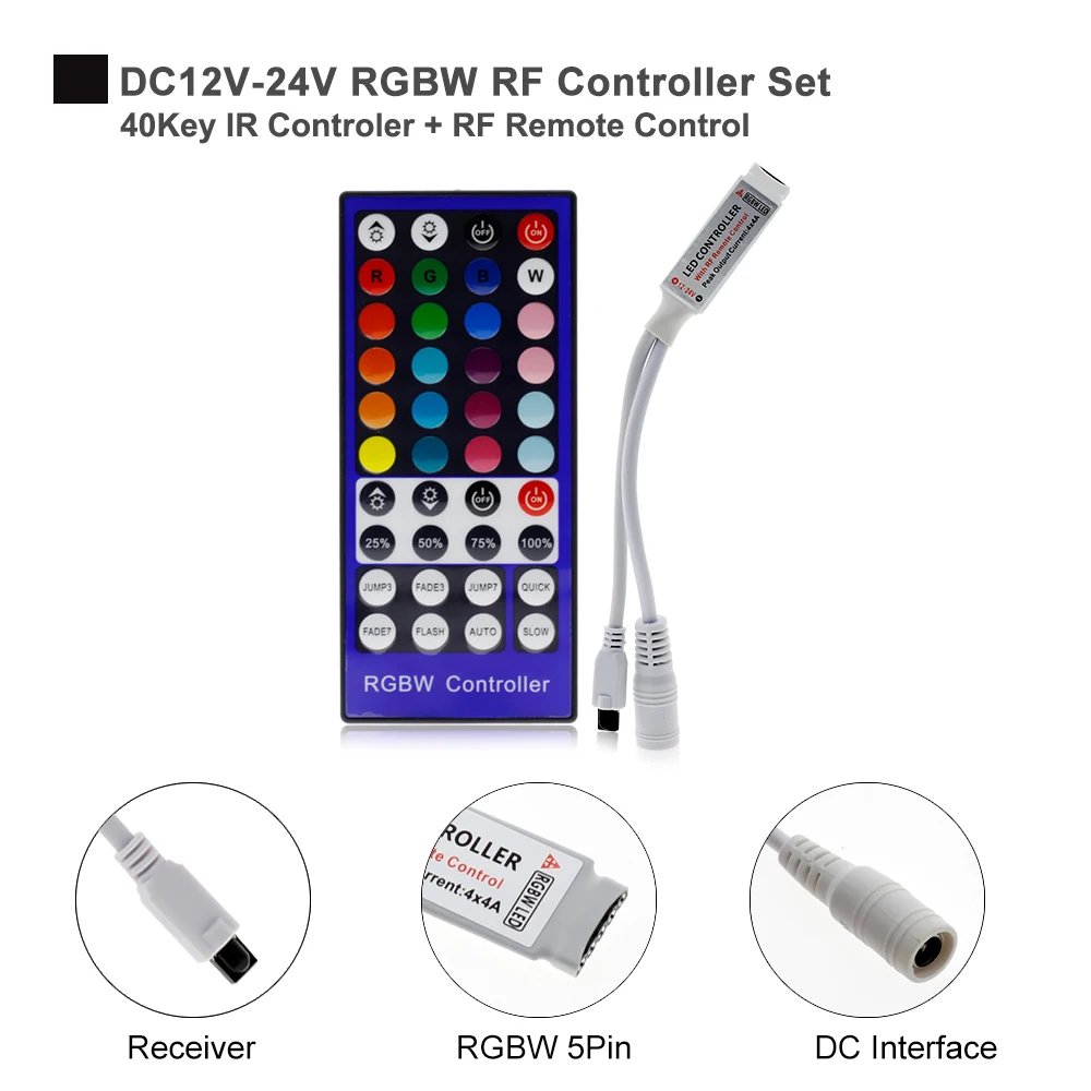 RGBW LED Controller DC12V 40Key IR Remote Control / Bluetooth Control for RGBW or RGBWW LED Strip Lights.