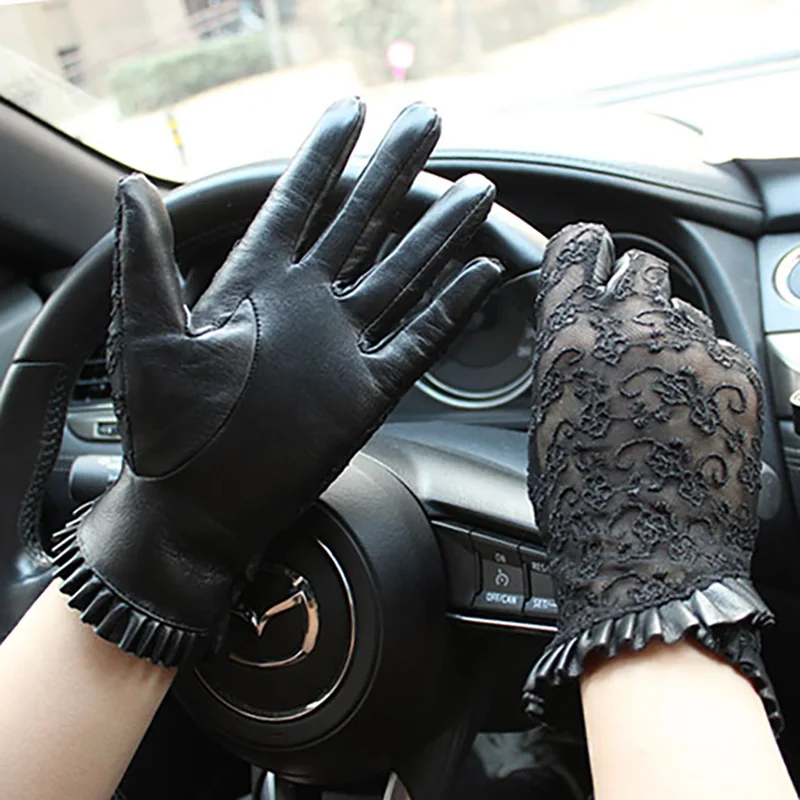 Summer Driving Sheepskin Gloves Female Touch Screen Leather Gloves Single Layer Unlined Thin Fashion Stretch Lace Style