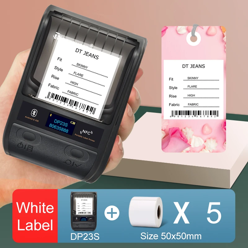 DETONGER DP23S 20-50mmThermal Label Printer Plus 5 Rolls Paper Multifunctional Mini Adhensive Hand Barcode Sticker Maker