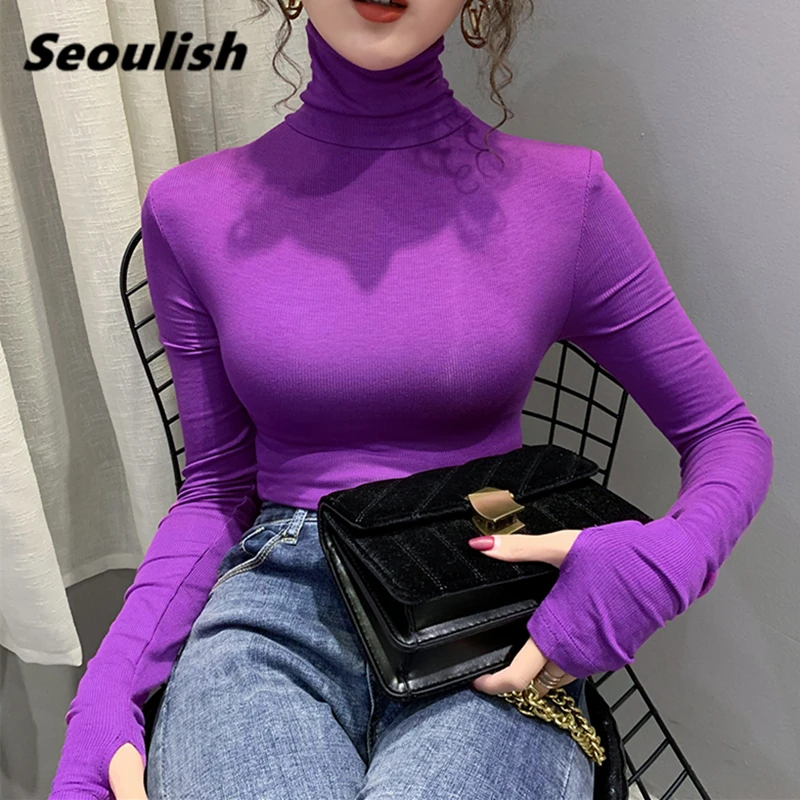 

Seoulish 2021 New Autumn Winter Velvet Thicken Knitting Women's Sweater Solid Bottom Long Sleeve Minimalist Turtleneck Pullovers