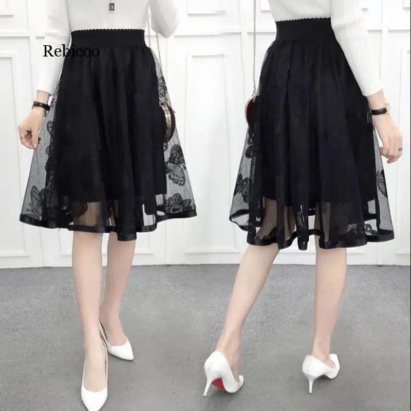 

Women Summer High Waist Lace Skirt Black Mesh Tulle A-Line Female Skirts Knee-Length Pleated Casual Femme Jupe