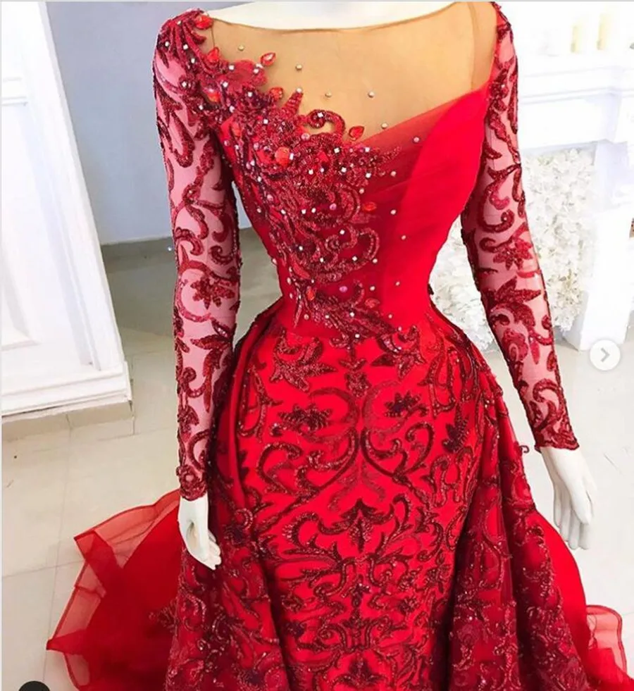 Vestidos Red Shiny Lace Mermaid Evening Dresses With Detachable Train Luxury Crystal Full Sleeves Prom Gowns Gonna Formal Dress