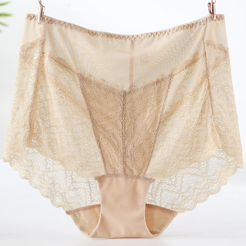 Plus Size Women\'s Panties with High Waist Lace Transparent Hollow Mesh Panties of Large Size Underwear Women Sexy Big Briefs 4xl