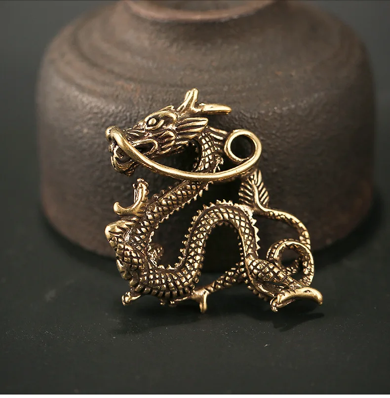 Handmade Brass Chinese traditional mascot dragon craft DIY ornament Miniature Fitting Keychain Pendant Accessories a0350