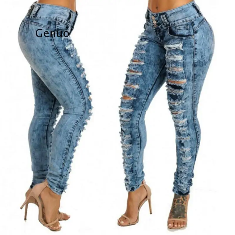 

Womens Sexy High Waist Pencil Jeans Casual Blue Ripped Denim Pants Lady Long Skinny Slim Jeans