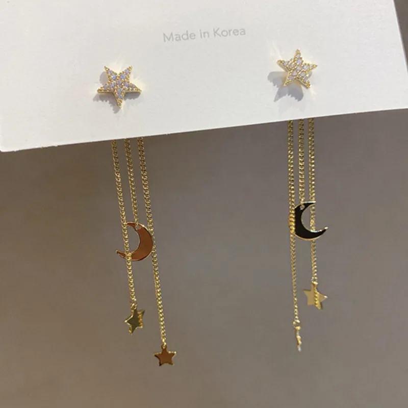 Pendientes colgantes de cristal coreanos para mujer, aretes largos con borla de luna y estrella, Colgate de cristal joyería de temperamento, novedad de 2022