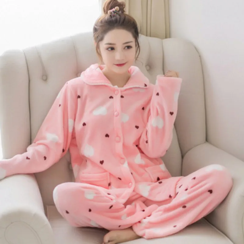 

Women Winter Pajamas Thick Home Suit Sleepwear Warm Flannel Long Sleeves set Pink Cute Animal Homewear