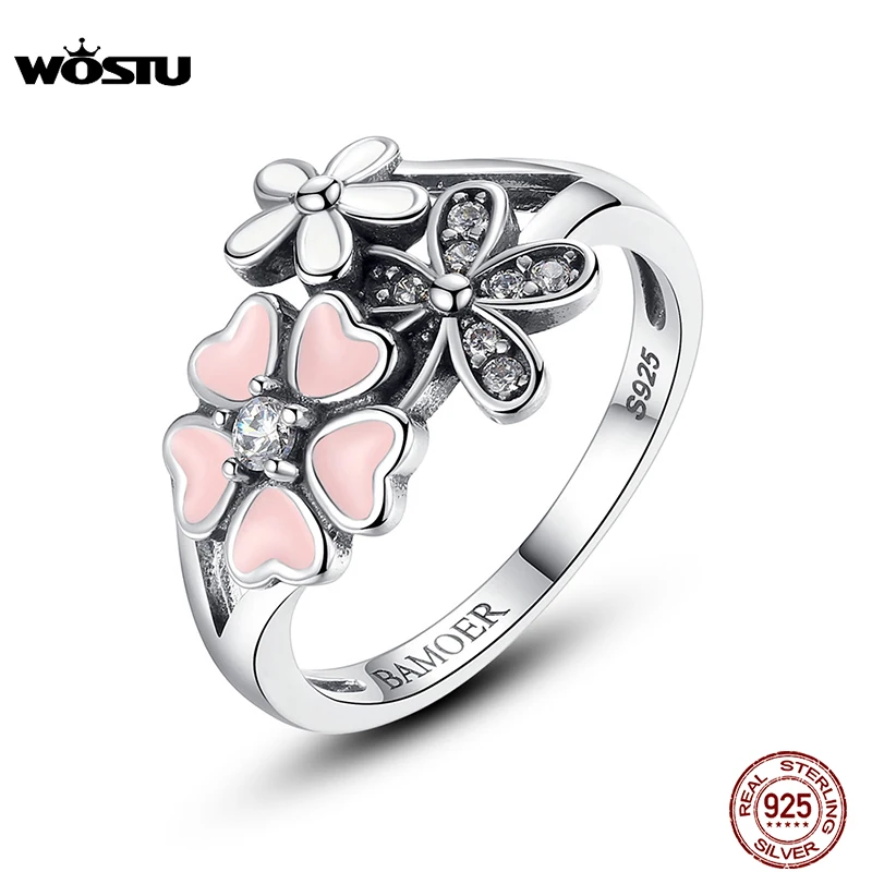 WOSTU 100% 925 Sterling Silver Poetic Daisy Cherry Blossom Wedding Rings For Women S925 Silver Ring Jewelry Lover Gift CQR004