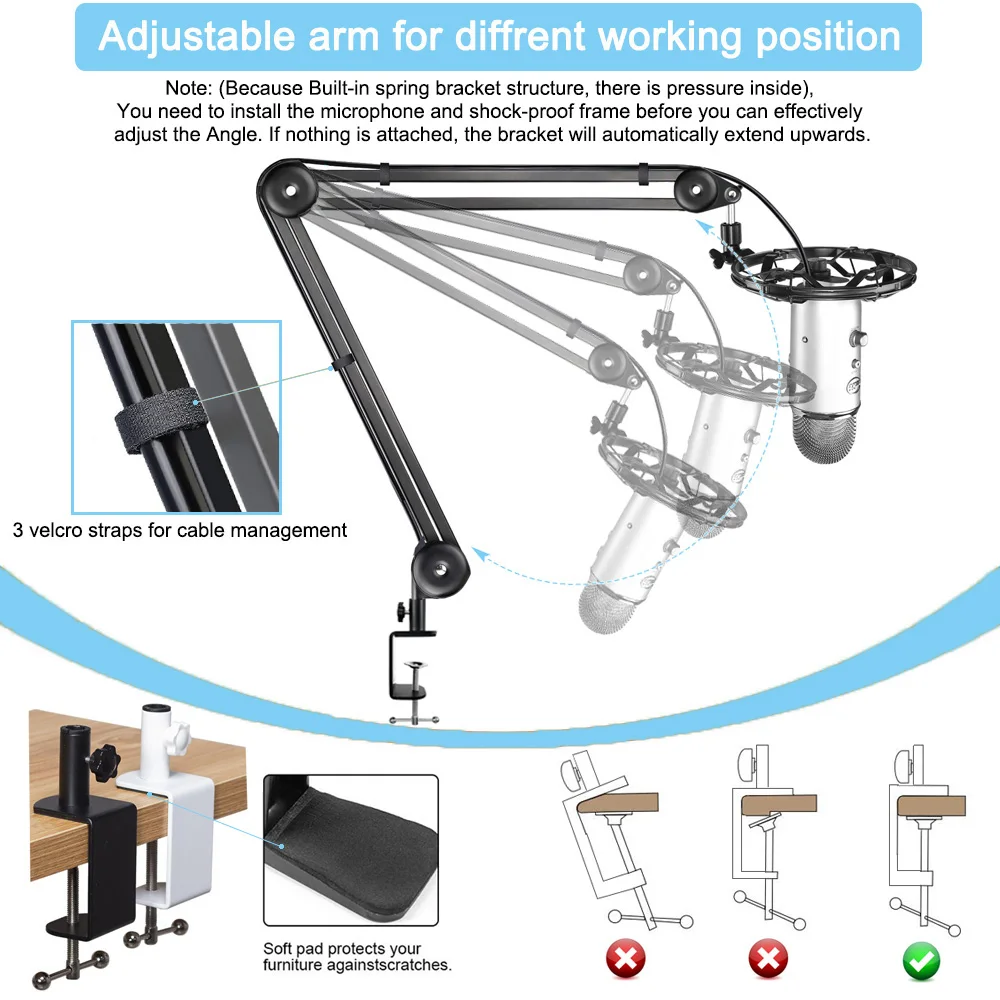 Mikrofon ramię wysięgnika stojak Heavy Duty regulowane zawieszenie podnośnik sprężynowy wbudowany mikrofon stojak na niebieski Yeti niebieski uchwyt