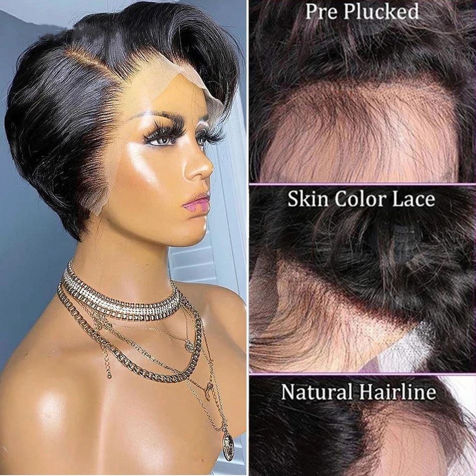 Short Pixie Cut Wig Human Hair Wigs Straight Lace Front Wig Short Bob Wigs 13x1 Side Part  For Black Women Transparent Lace Wig