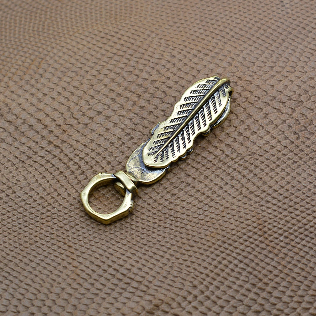 Handmade vintage Brass Fine feather chinese Good luck belt key hanger clip on swivel keychains keyring hook clasp FOB EDC DIY