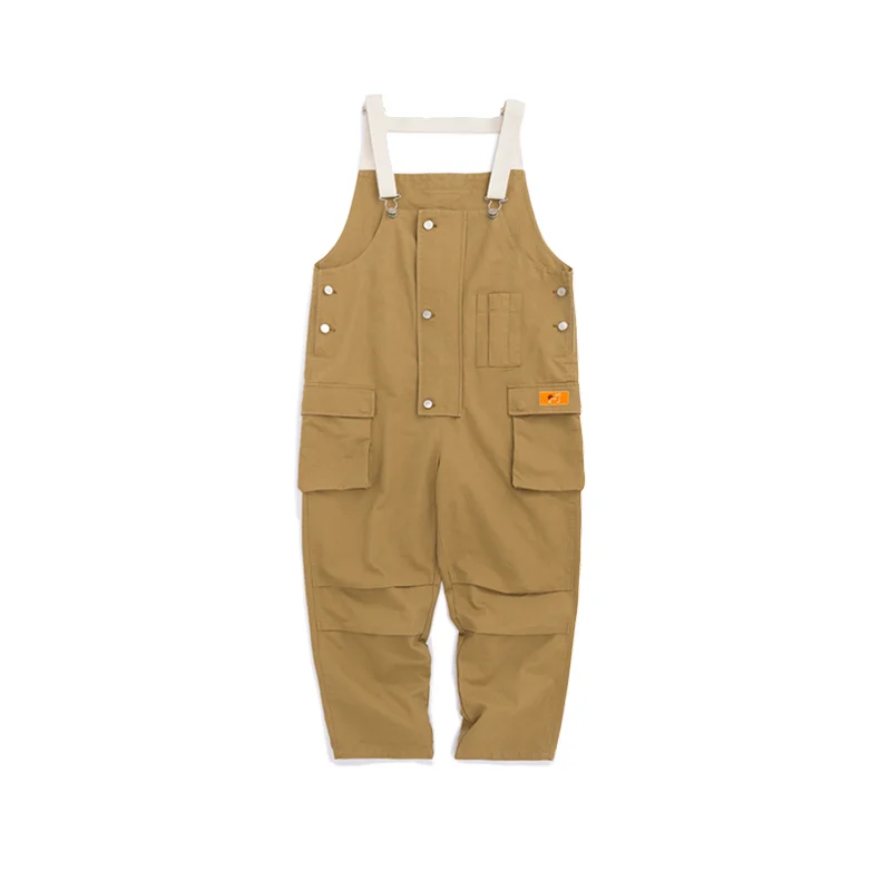 Cotton Blue Khaki Loose Overalls Men Jumpsuit Boy Bib Japanese Style Hip Hop Streetwear Rompers Cargo Pants Big Pocket Trousers