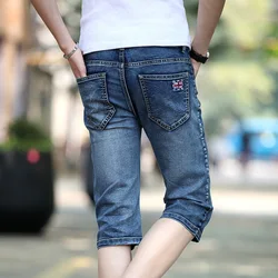 Summer 2021 MEN FASHION Casual Clothes For Teenagers Slim Denim Blue Flag Cropped Jeans Men's Breeches Denim Calf Length Pants