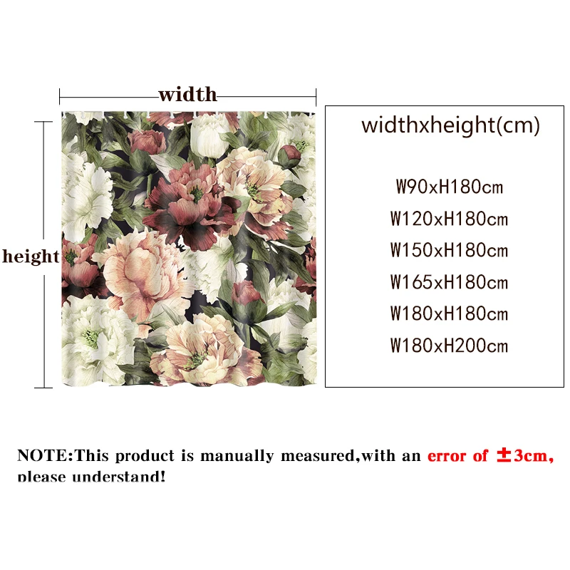 3D Flowers Pattern Shower Curtains Vintage Bath Curtain With Hooks Polyester Fabric Cloth Printing Curtain for Bathroom cortinas