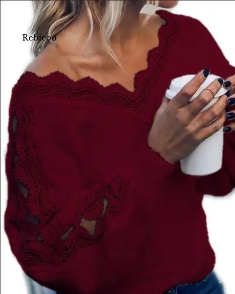 Women Fluffy Sexy V Neck Lace Hollow Knit Sweater Autumn Winter Long Sleeve Pullover Tops Elegant Women White Jumper