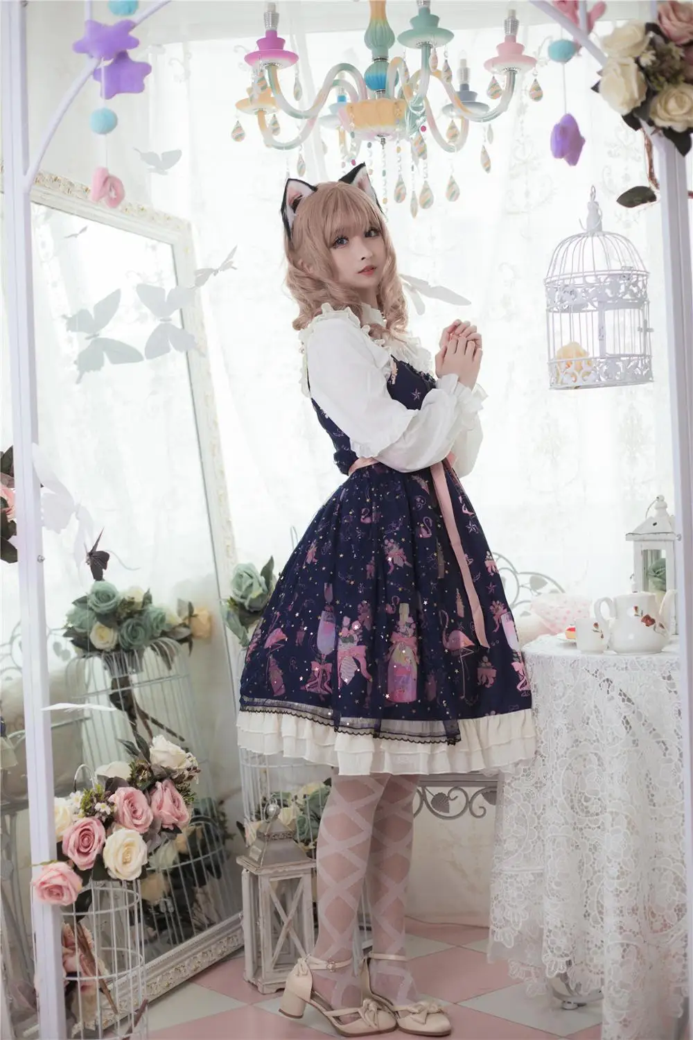 Sweet princess lolita dress vintage lace bowknot high waist cute printing victorian dress kawaii girl gothic lolita jsk loli cos