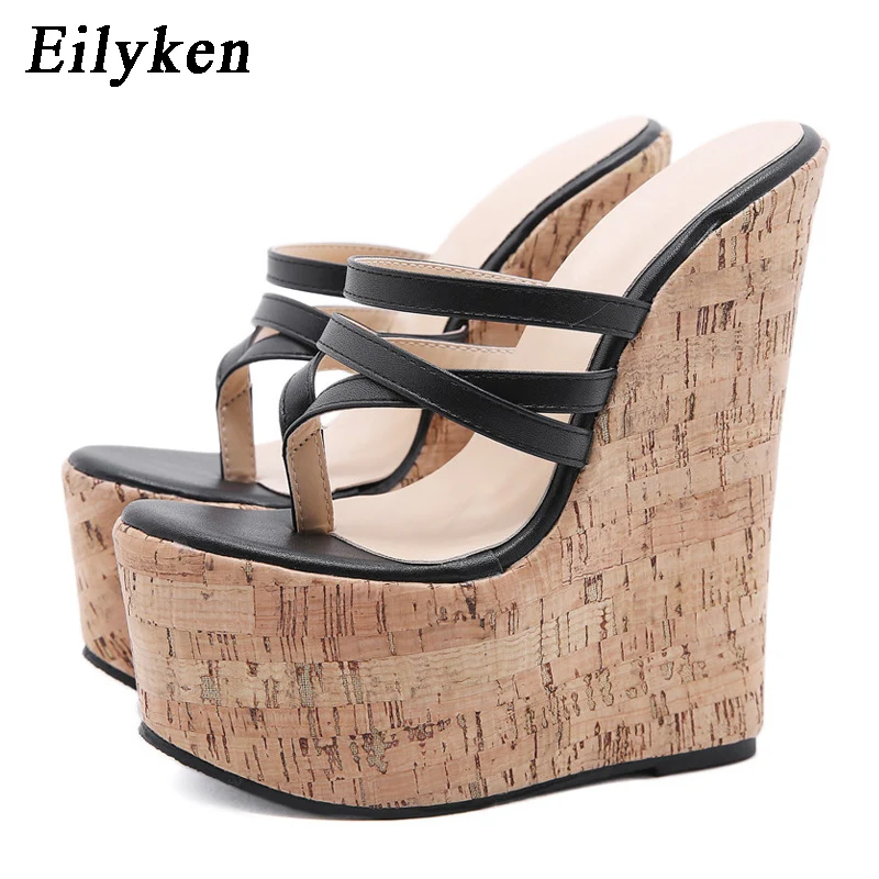 Eilyken Summer Outdoor Open Pinch Toe Platform Wedge Women Slippers Fashion Narrow Band High Heels Flip Flops Shoes