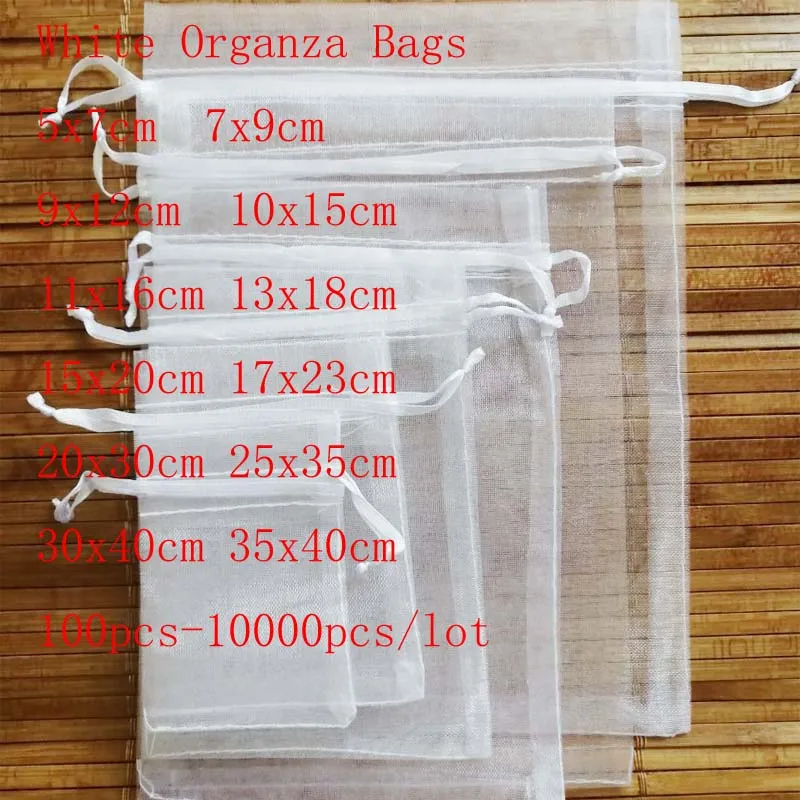 Wholesale 100 Pcs/lot White Drawstring Organza Bags&small Pouches Jewelry Package Bags Christmas Wedding Packaging Gift Bags