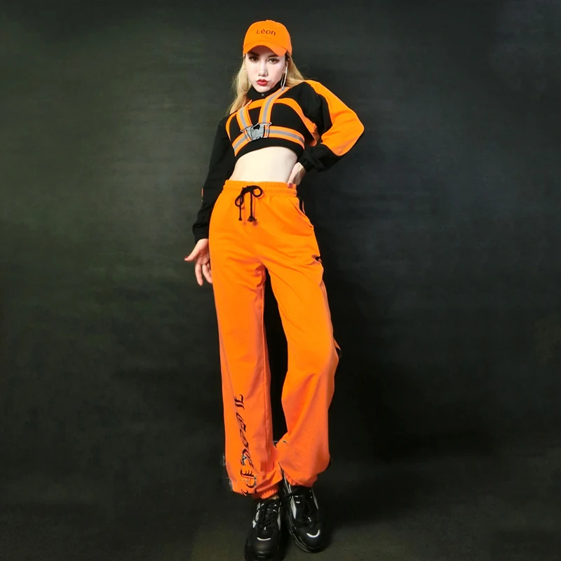 2021 Hip Hop Dance Costumes For Adults Orange Hiphop Suit Reflective Tape Women Gogo Dance DJ DS Costumes Rave Clothes SL4329