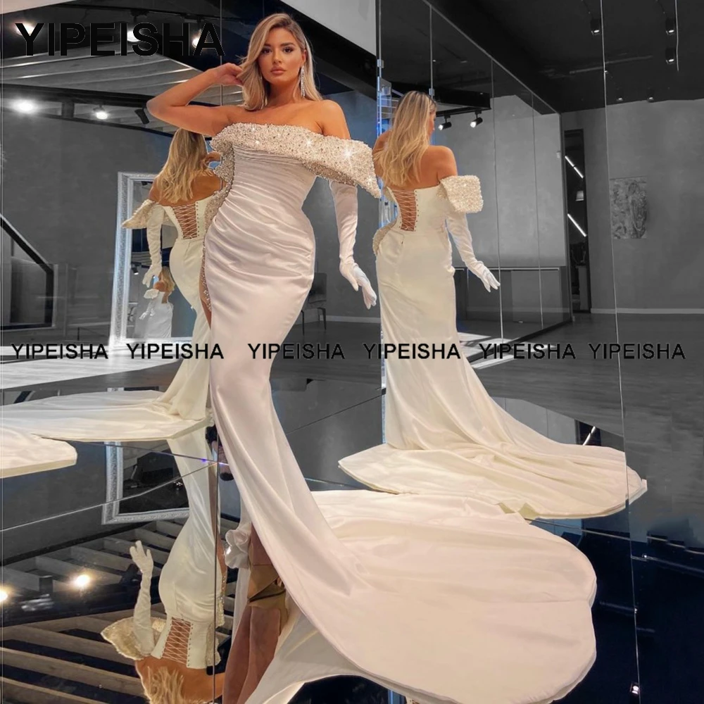 Yipeisha pesadamente frisado preto vestido de noite glitter arábia saudita branco vestido de baile fenda lateral pageant vestidos de festa sereia 2022