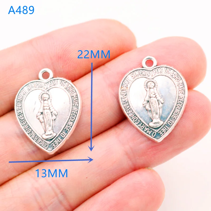 15pcs Silver Plated Catholic Heart Shaped Virgin Mary Pendants Retro Bracelet Metal Accessories DIY Charms Jewelry Crafts Making