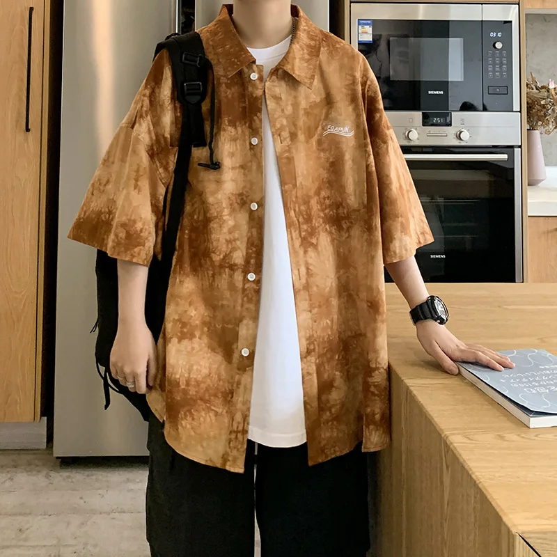 Summer 2021 new shirt men's short sleeve Korean casual loose jacket trend tie dyed shirt handsome thin shirts рубашка мужская