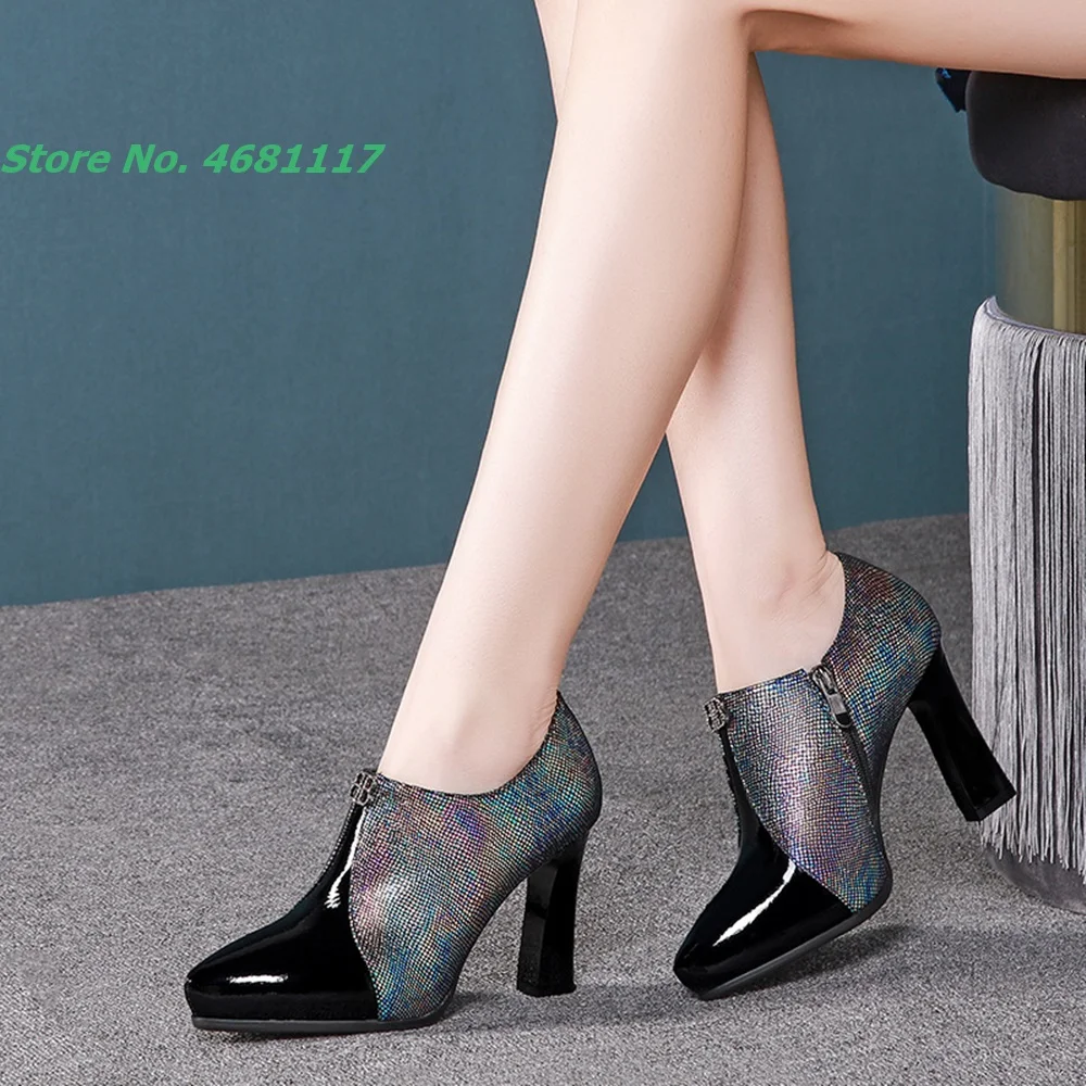 

Glitter Rhinestone Splicing Mixed Colors Pumps Upscale Super High Block Heels Women Zipper Shoes Pointed Toe Cutouts Gladiator