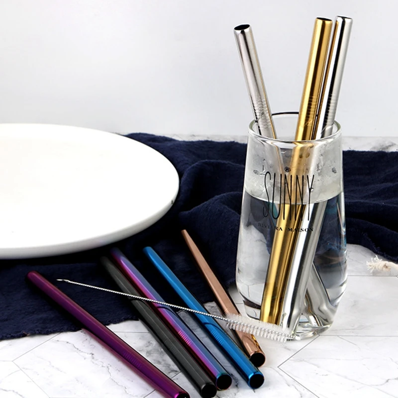 1pc 12mm Reusable Drinking Straw 304 Stainless Steel Straw Metal Straws with Cleaning Brush Set Milkshake Bubble Tea Straw