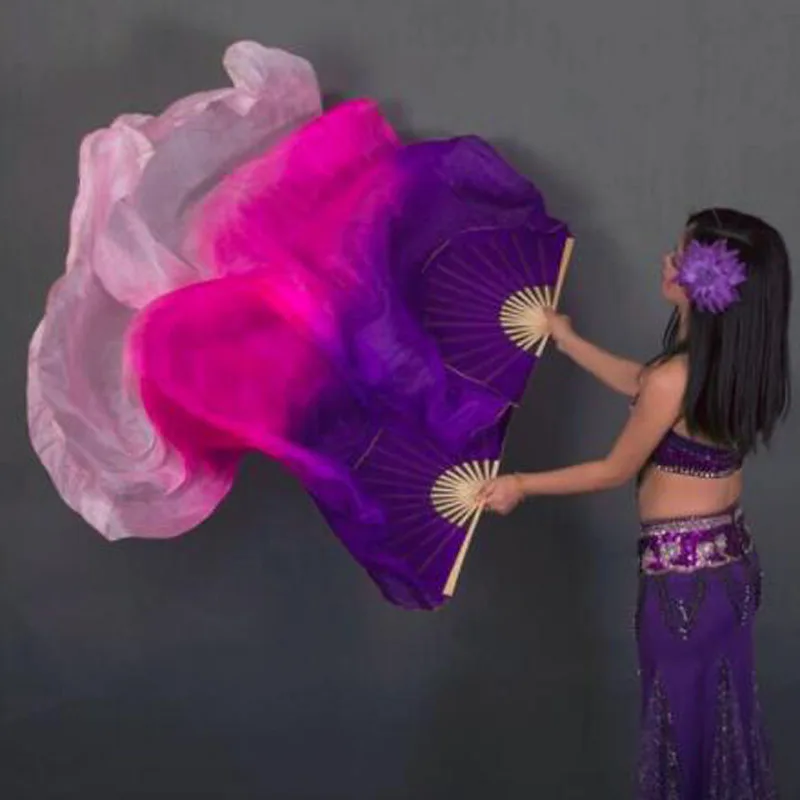 Popular Gradient-Color Belly Dance Real Silk Fan Veil Women Multicolor Long Folding Fans for Stage Performance Props Fan 1Pair