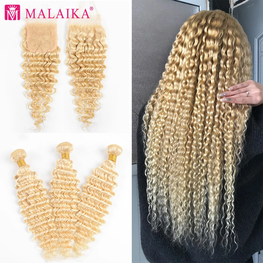 Malaika 30 Inch Deep Wave Hair Weave 613 Bundles With 4X4 Closure 3 4 Bundles Curly Human Hair Bundles with Closure Frontal Wate