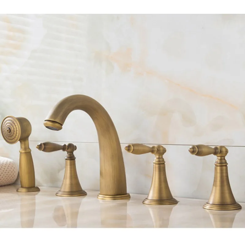 

Classic Antique Bronze 5-Hole Roman Tub Faucet with Hand Shower, Triple Cross Handles, 5 Pieces Bathroom Bathtub Faucet