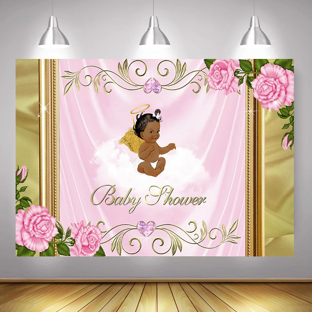 

Angel Theme Baby Shower Party Photo Background Pink Flowers Gold Shiny Newborn Photography Backdrop Gem Golden Wing Photocall