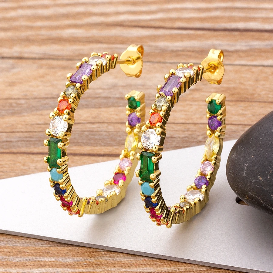 New Arrival Copper Zircon Big Circle Hoop Rainbow Earrings Simple Round Loop Jewelry For Women Girls Party New Year Gifts