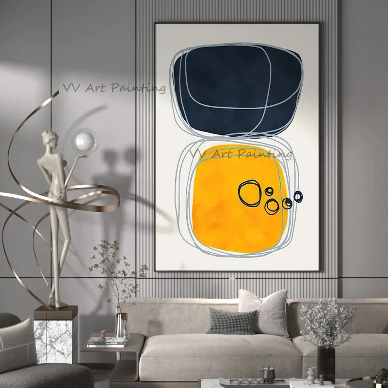 100% Hand Painted Canvas, Navy Orange Geometric Line Abstract, Minimal Vertical Wall Art for Living Room Decor