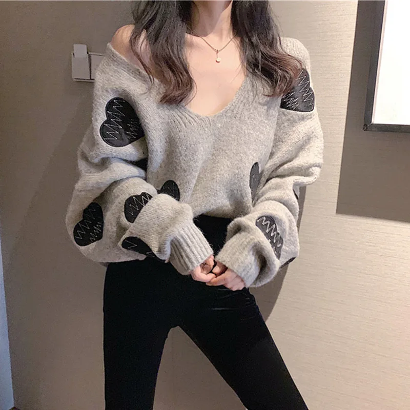 2023 Autumn Winter Women Sweater Korean Love Heart Knitted Pullover Tops Causal Long Sleeve V-neck Pull Femme Casual Cloths