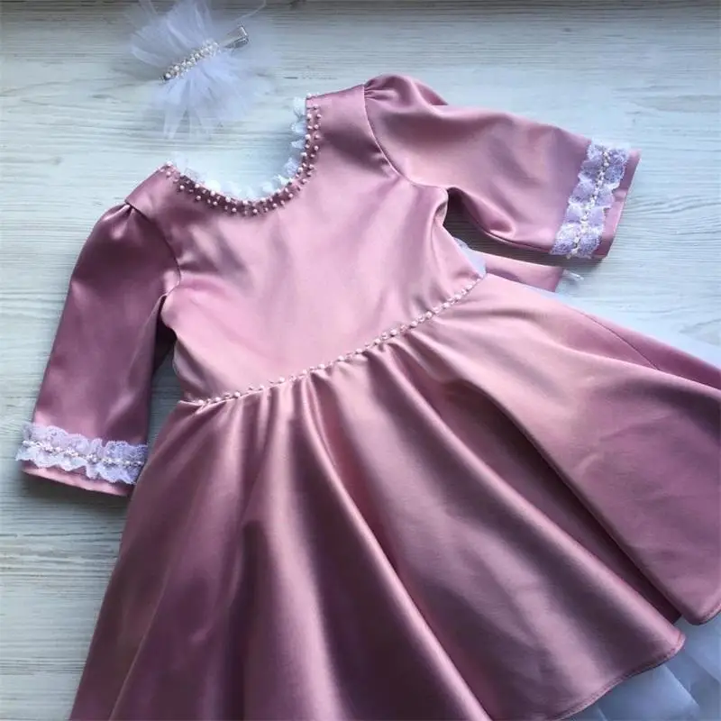 Crianças corar rosa jóia removível saia vestidos da menina de flor para o casamento 3/4 mangas frisado rendas chá comprimento pricess pageant vestidos