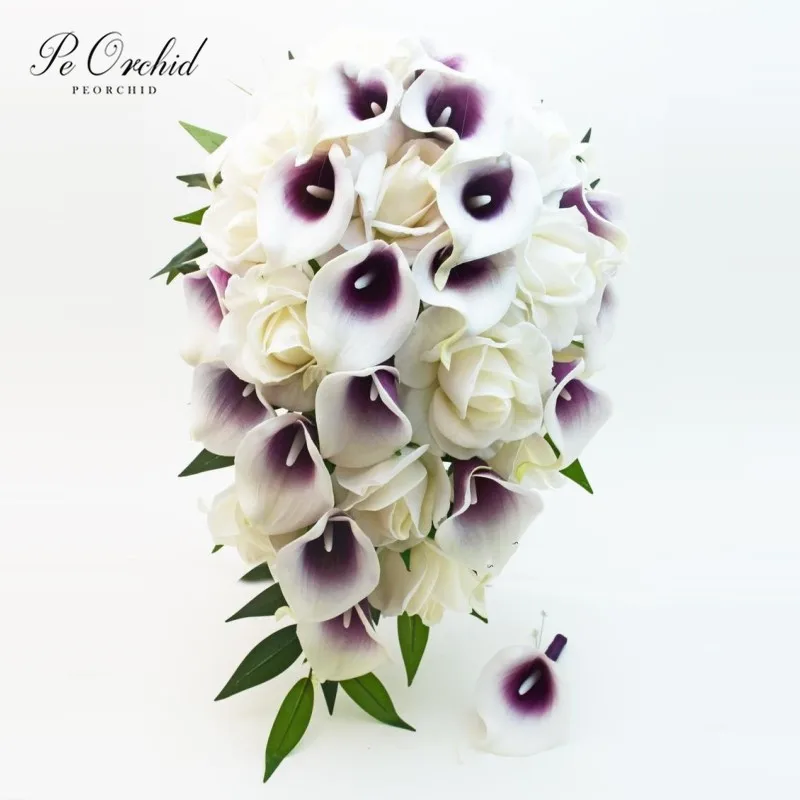 PEORCHID Purple White Wedding Bouquet Cascade Calla Lily Rose Artifical flowers Luxury Trouwboeket Waterval Bouquet Decoration